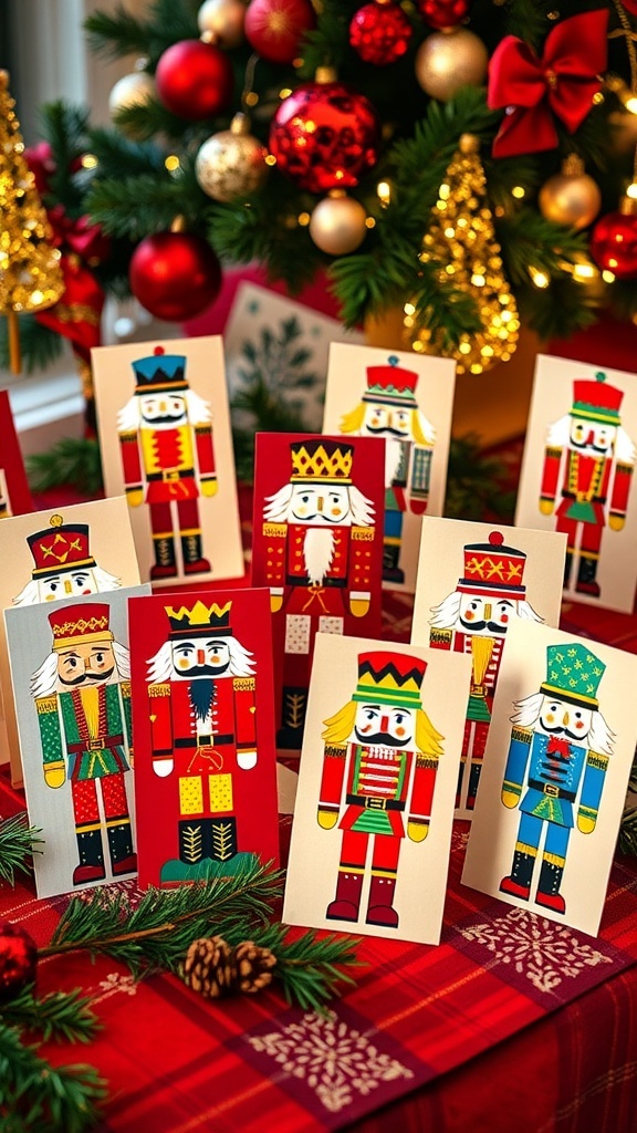 Handmade nutcracker Christmas cards with colorful designs on a festive table.